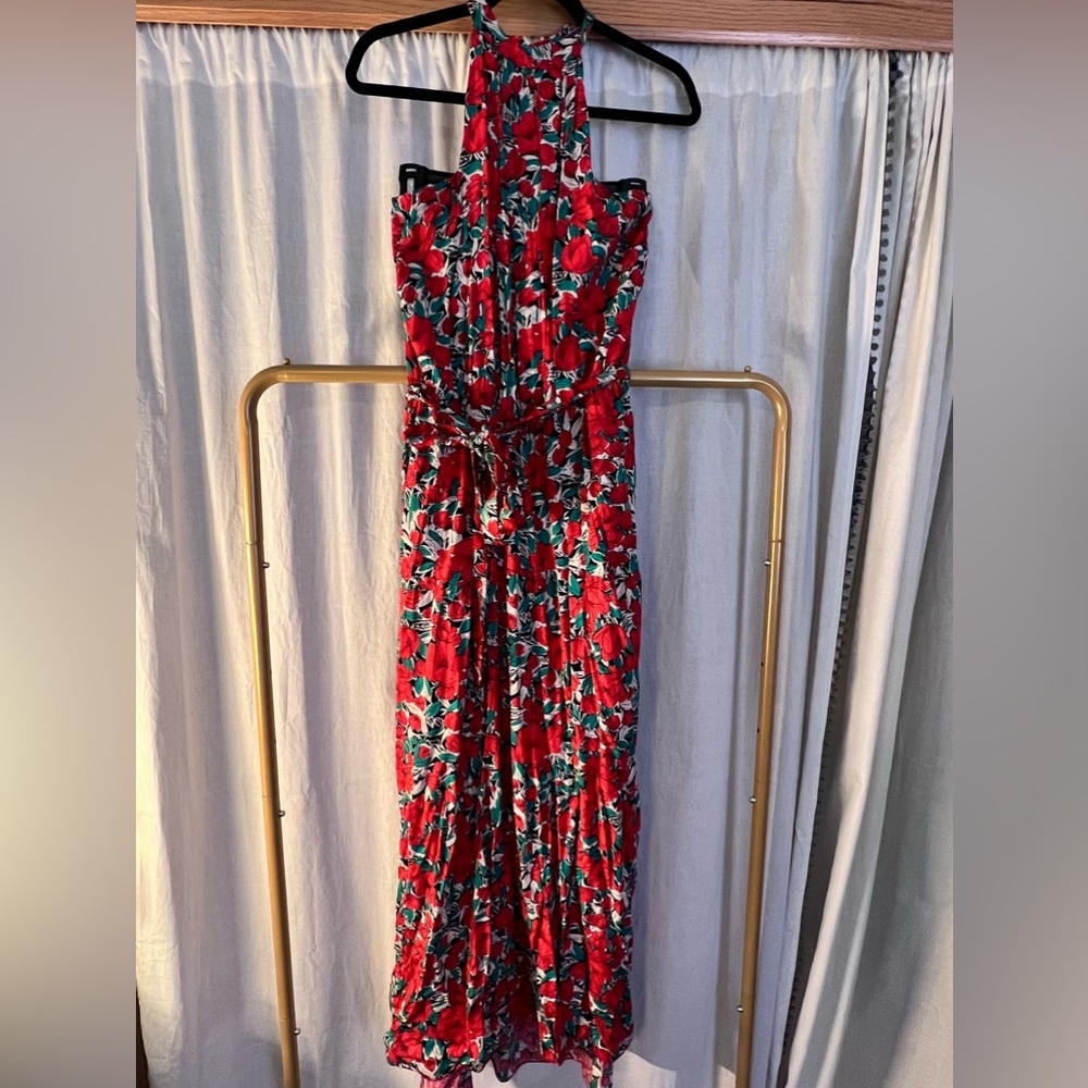 Long halter dress red floral -M